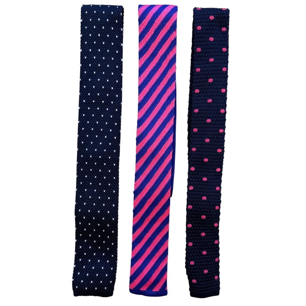 Combatant Gentlemen Mens 3 Pack Knit Skinny Ties Navy Pink Polka Dot Striped Set